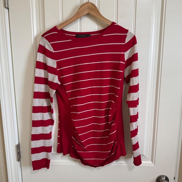 The Limited Red Striped Long Sleeve Top Ruched Knit‎ Sweater Women's Medium - Picture 2 of 6